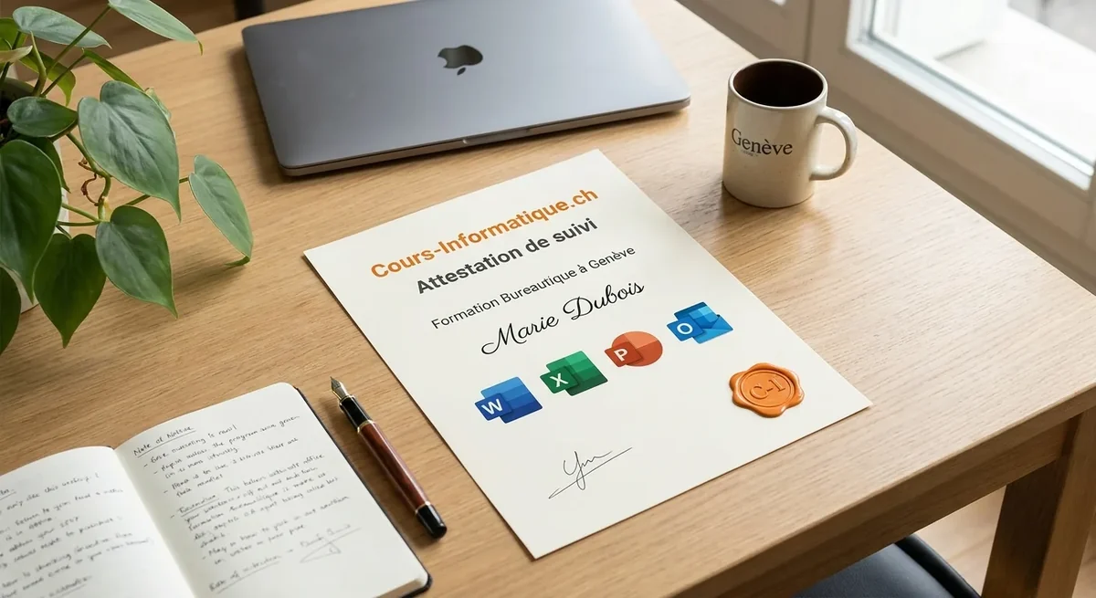 Cours-Informatique.ch certificate of attendance, office skills training in Word, Excel, PowerPoint and Outlook in Geneva