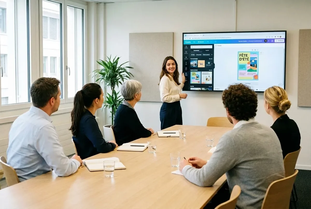 Formation Canva en entreprise à Genève, Romane présente devant une équipe de cinq personnes