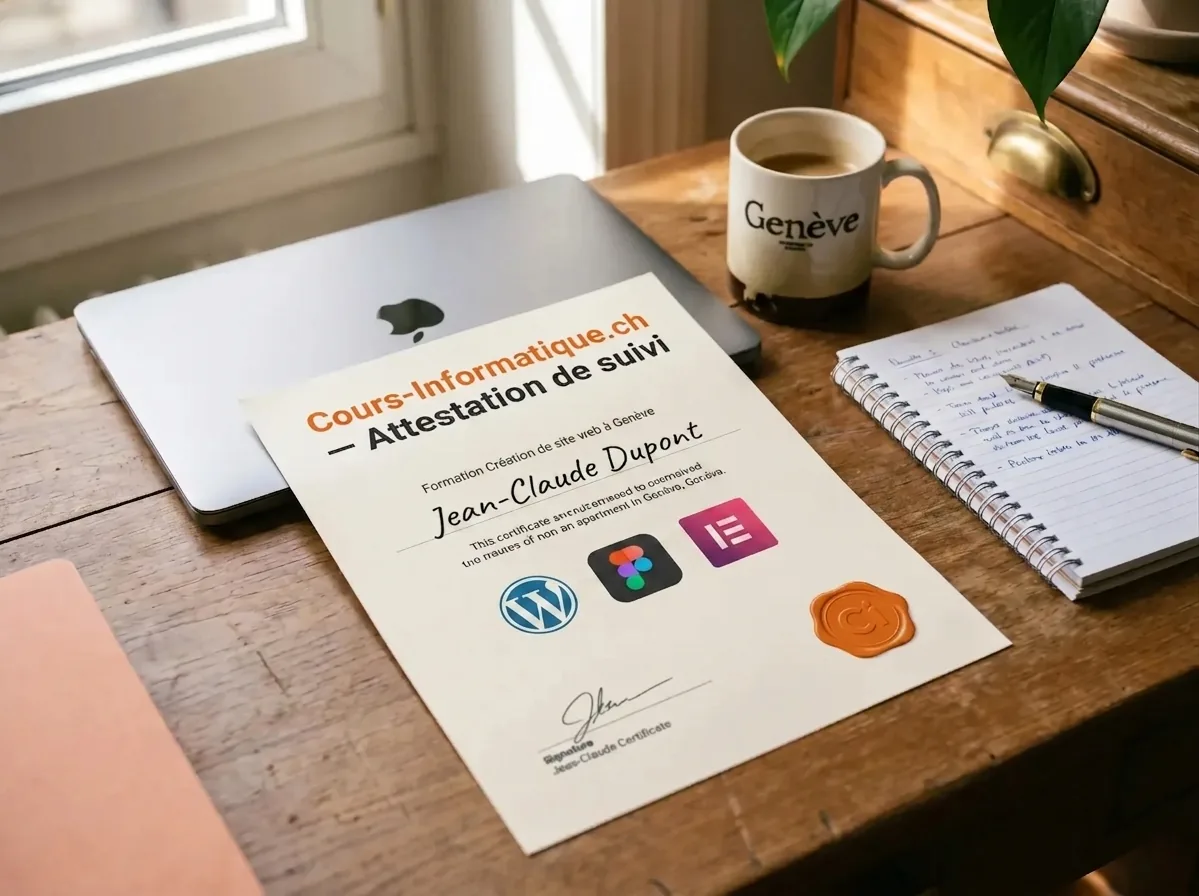 Cours-Informatique.ch certificate of attendance, WordPress website creation training in Geneva