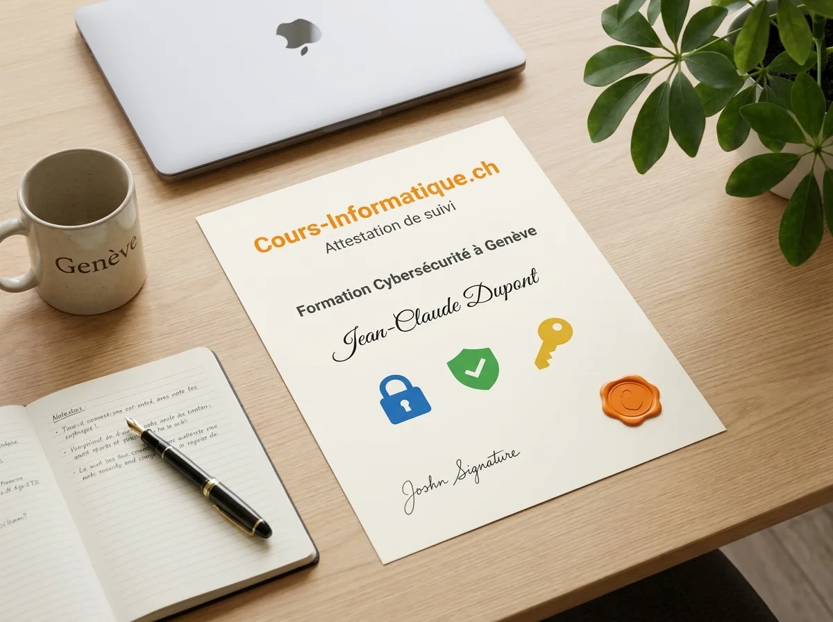 Attestation de suivi Cours-Informatique.ch, Formation cybersécurité phishing et protection des données à Genève