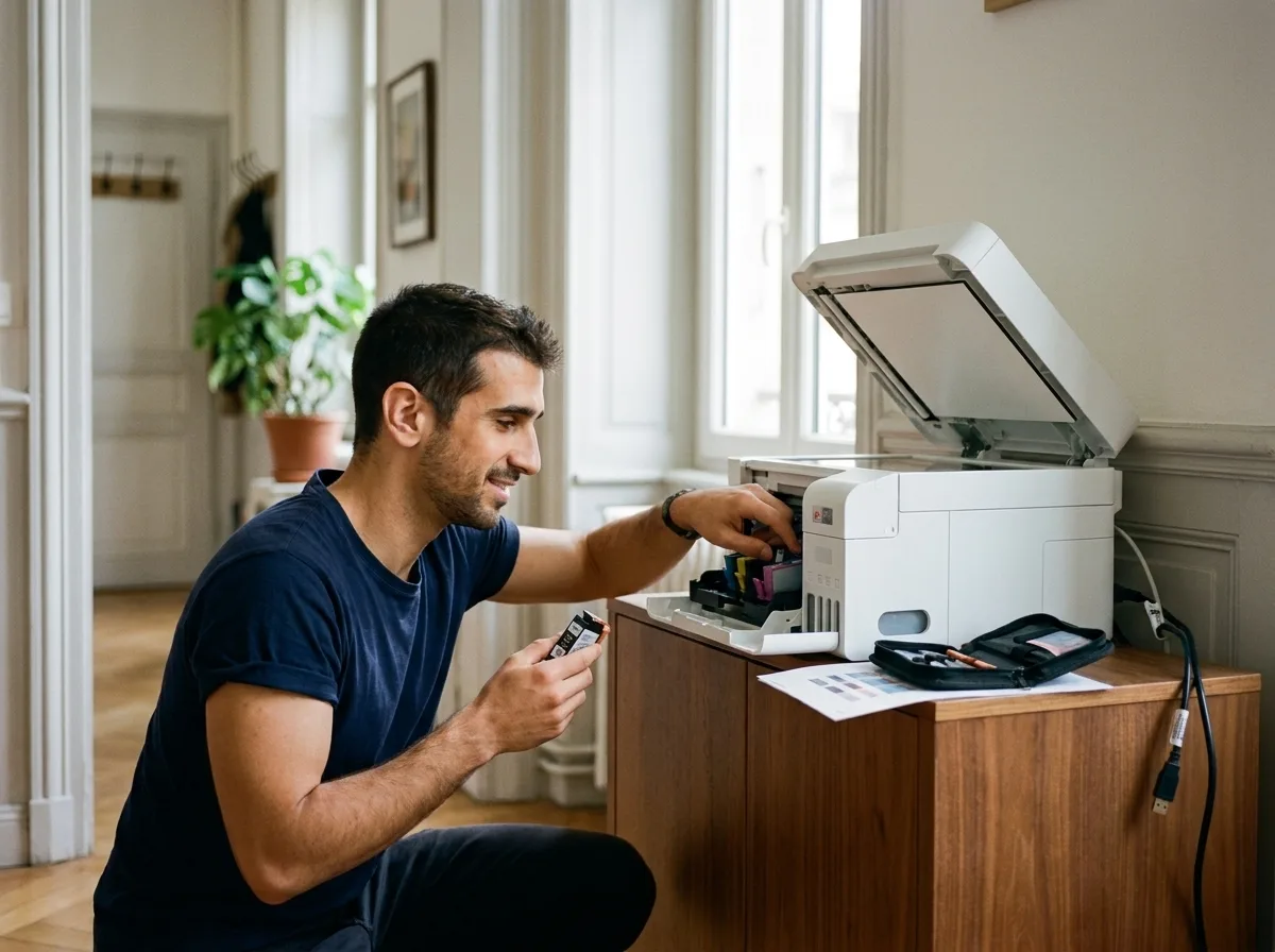 David, a Cours-Informatique.ch technician, repairing an all-in-one printer at a client home in Geneva