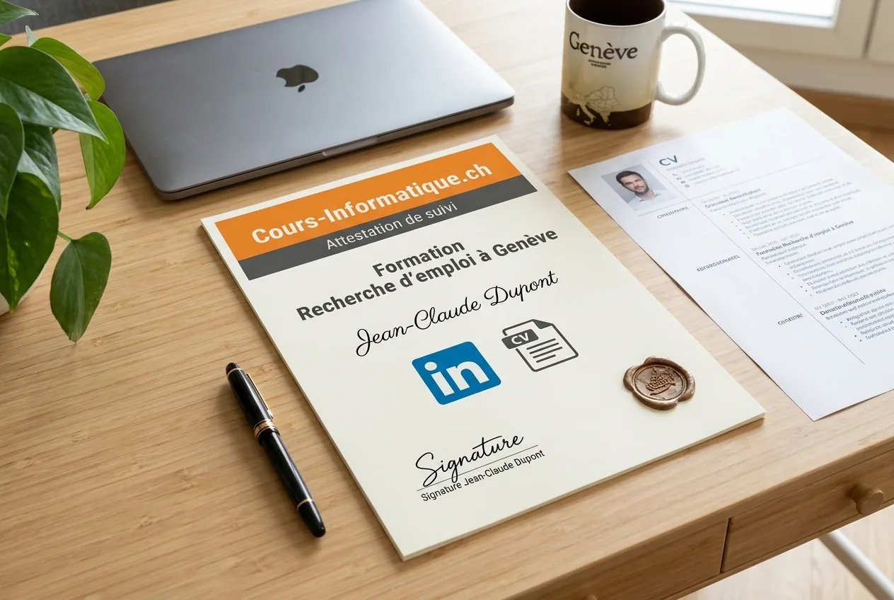 Attestation de suivi Cours-Informatique.ch, Formation recherche d'emploi CV LinkedIn entretien à Genève
