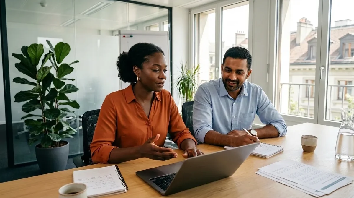 Corporate office skills training in Geneva, two colleagues at their laptop in a meeting room