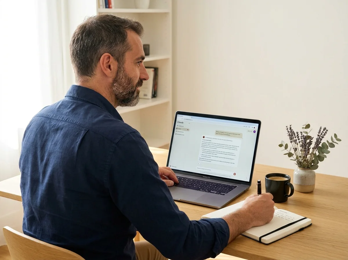 Professionnel genevois utilisant Claude sur son MacBook après un cours d'intelligence artificielle
