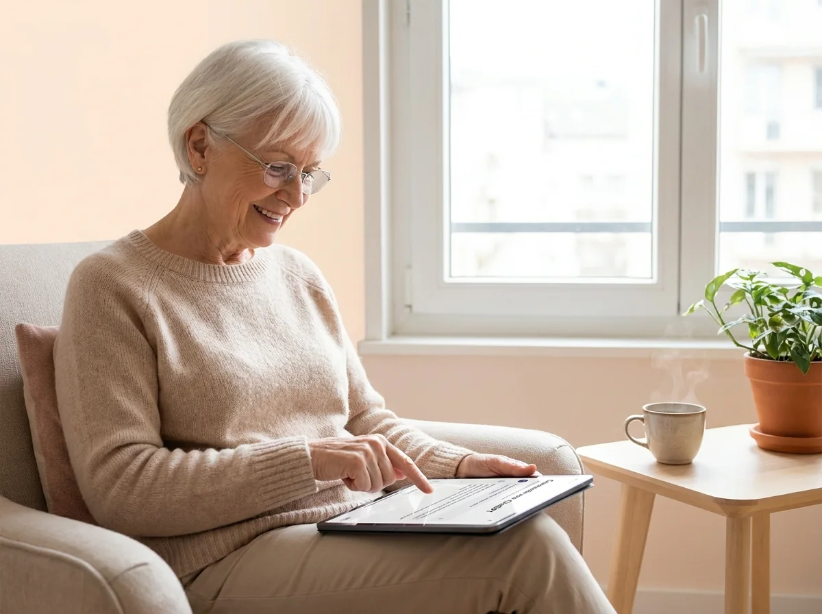 Smiling senior lady using an AI assistant on her tablet at home in Eaux-Vives