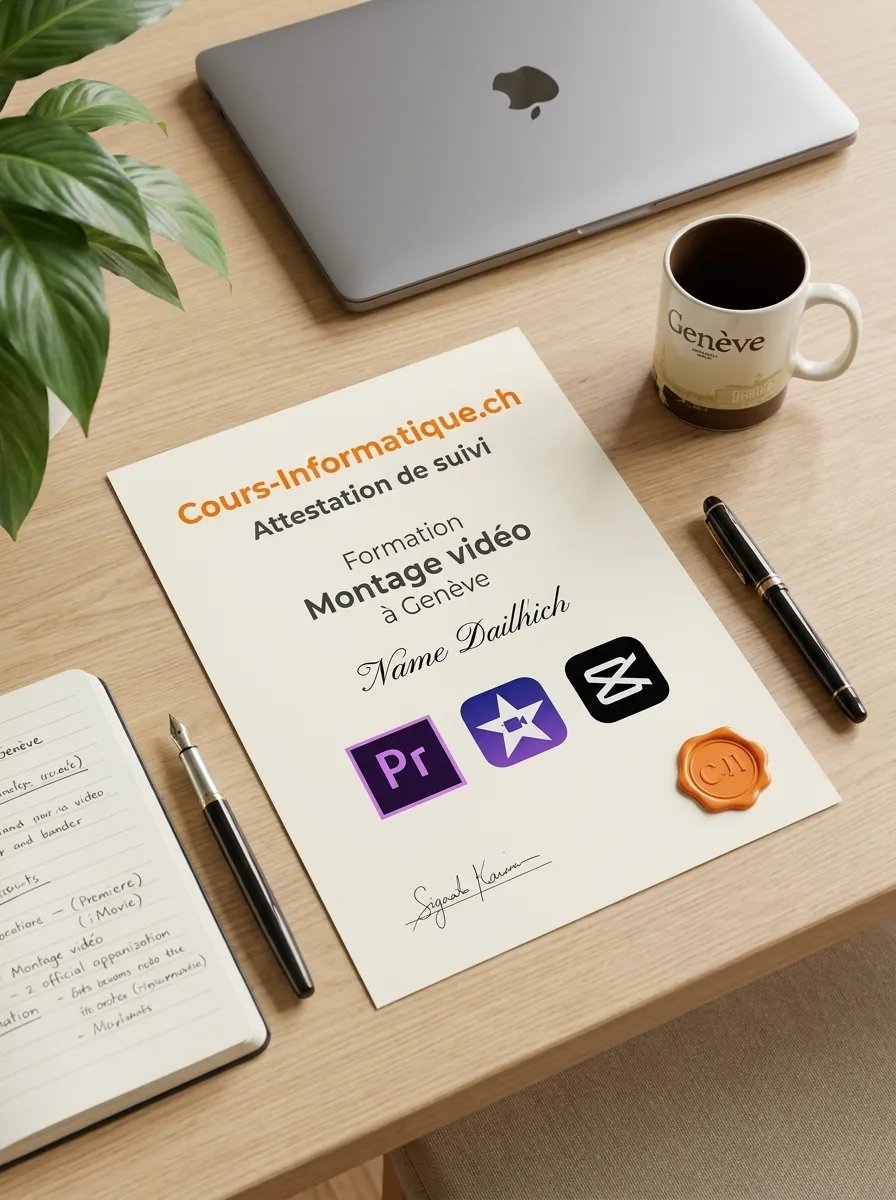 Cours-Informatique.ch certificate of attendance, video editing training in Premiere Pro, iMovie, CapCut and DaVinci in Geneva