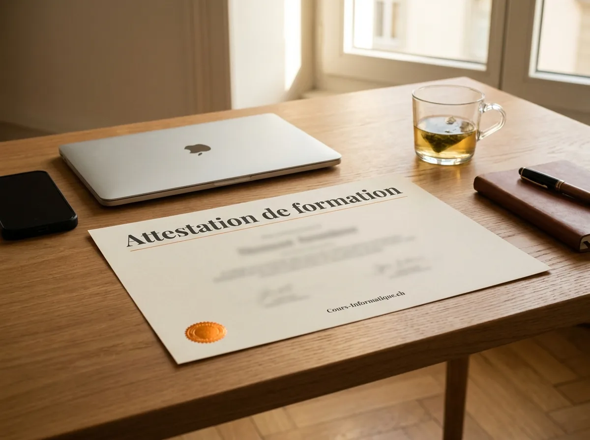 Attestation de suivi Cours-Informatique.ch, Formation montage vidéo en ligne CapCut, Canva, Clipchamp à Genève