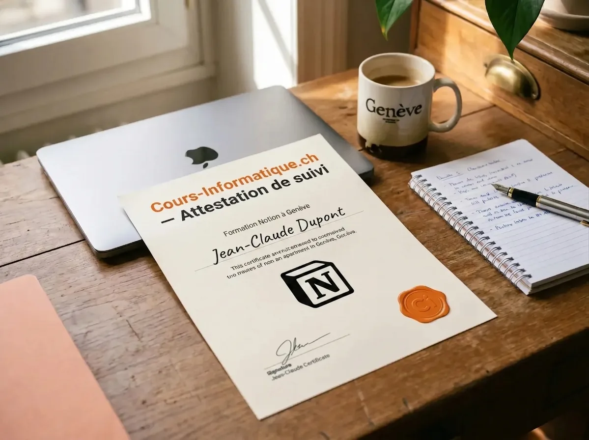 Cours-Informatique.ch certificate of attendance, Notion training in Geneva