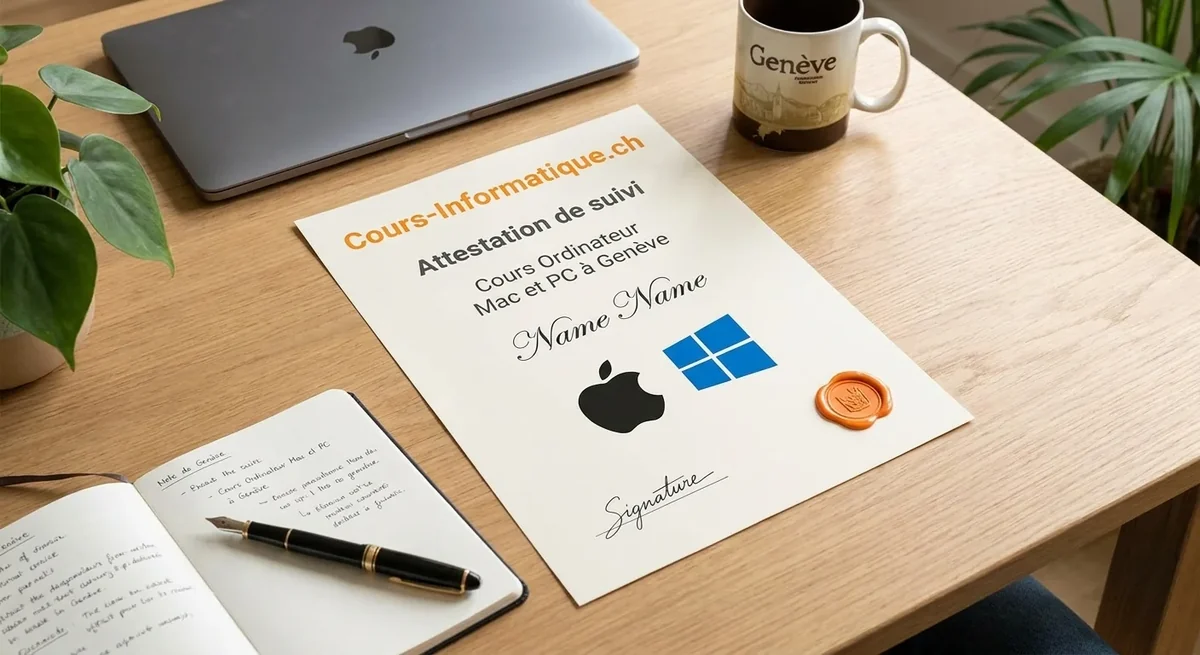 Certificate of attendance from Cours-Informatique.ch, Mac and PC computer training in Geneva