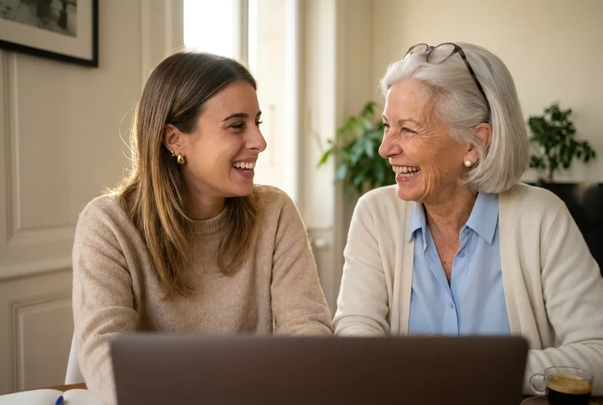 Computer lesson at home in Lancy, trainer and senior student at a laptop