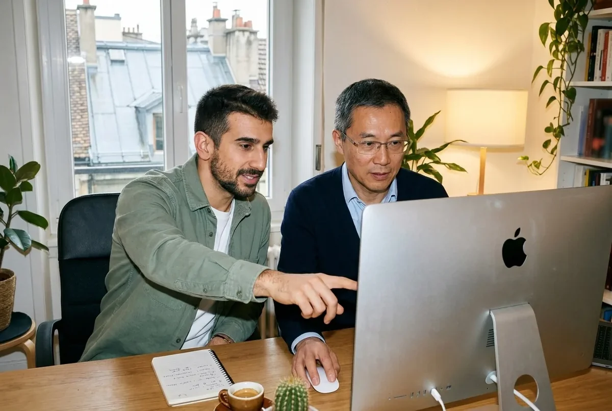 David showing a step on an iMac to a student, private lesson in Onex