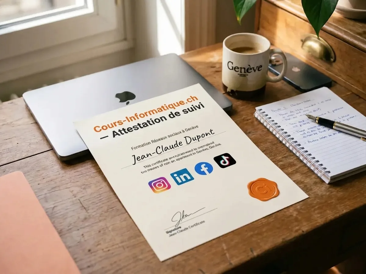 Attestation de suivi Cours-Informatique.ch, Formation réseaux sociaux Instagram, LinkedIn, TikTok, Facebook à Genève