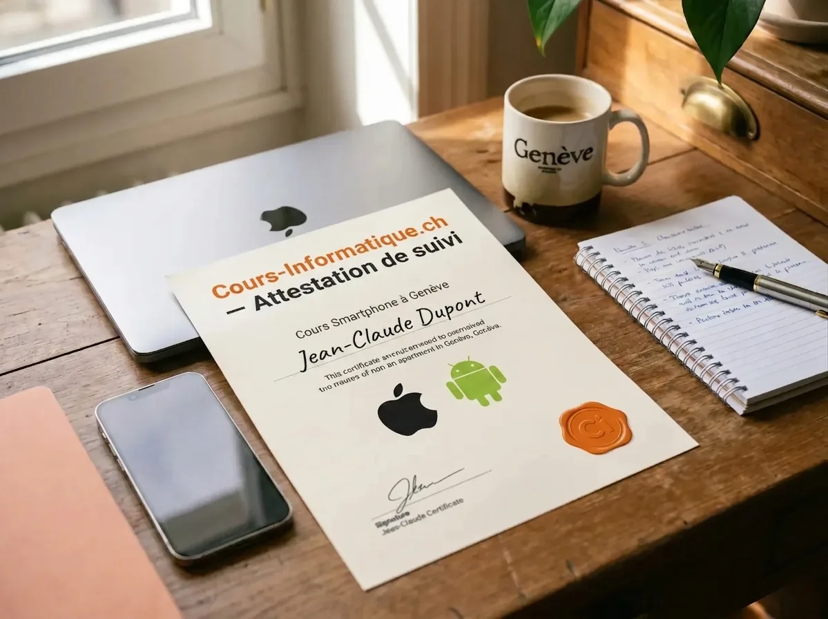 Attestation de suivi Cours-Informatique.ch, Formation smartphone iPhone et Android à Genève