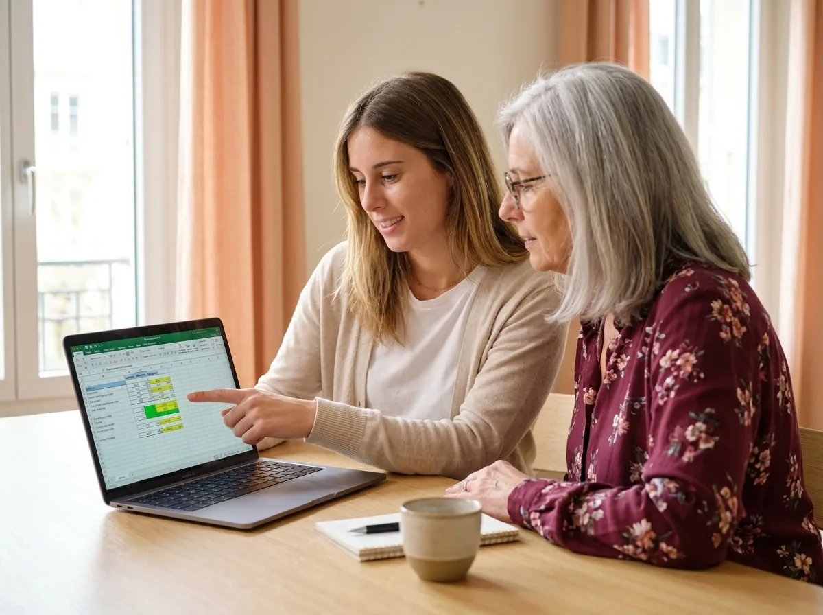 Romane, teacher at Cours-Informatique.ch, helping a senior student with Excel during an office skills lesson at home in Geneva