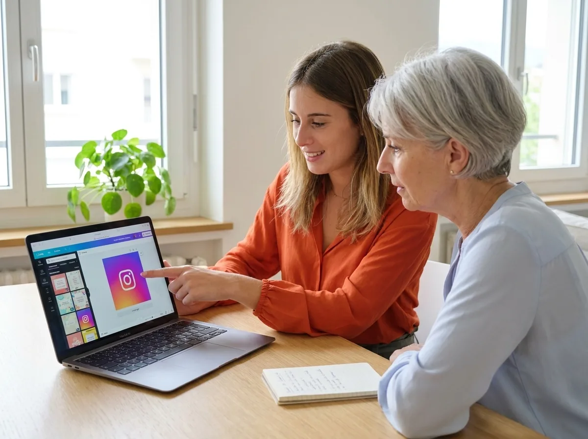 Cours Canva individuel avec Romane et une entrepreneure devant MacBook à Genève