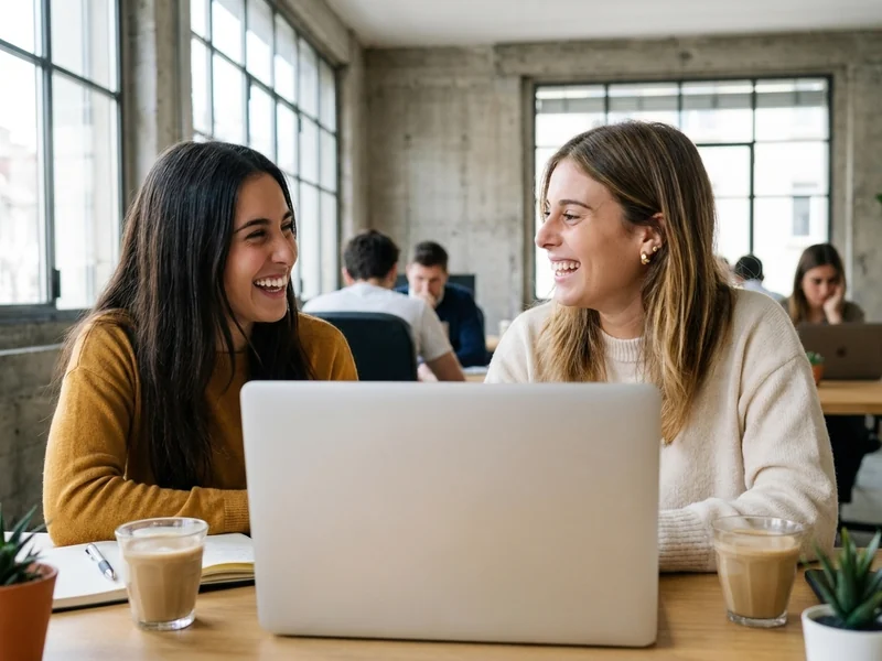 Jeune diplômée fière de son profil LinkedIn optimisé avec Romane dans un cowork à Plainpalais, Genève