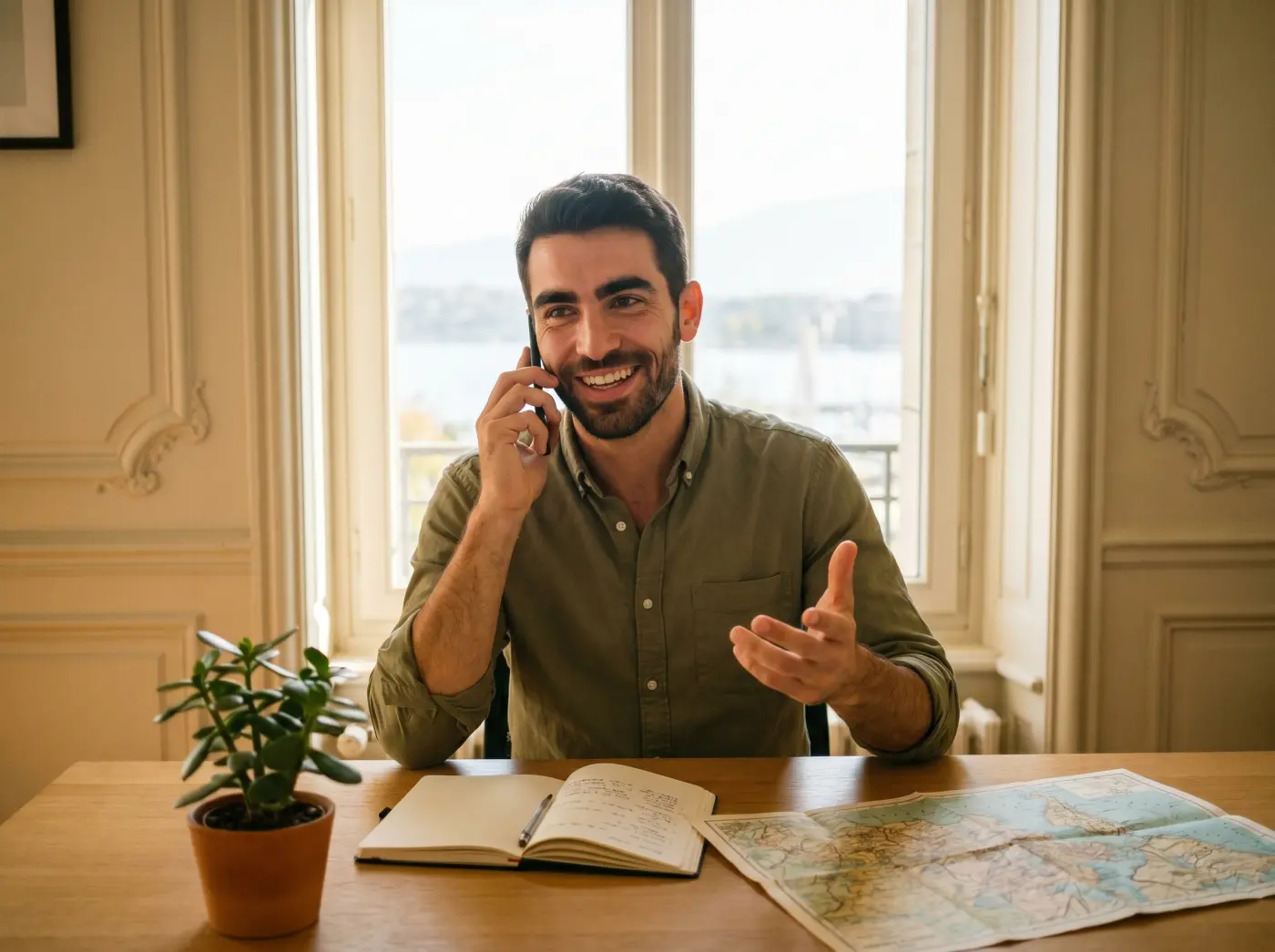 David, formateur, planifie au téléphone votre cours d'intelligence artificielle à Genève