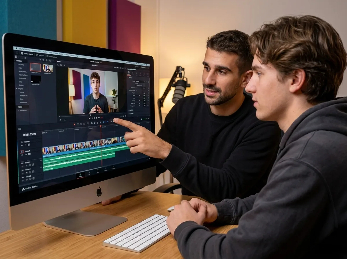David, teacher at Cours-Informatique.ch, showing a transition in DaVinci Resolve to a YouTube creator in a Geneva home studio