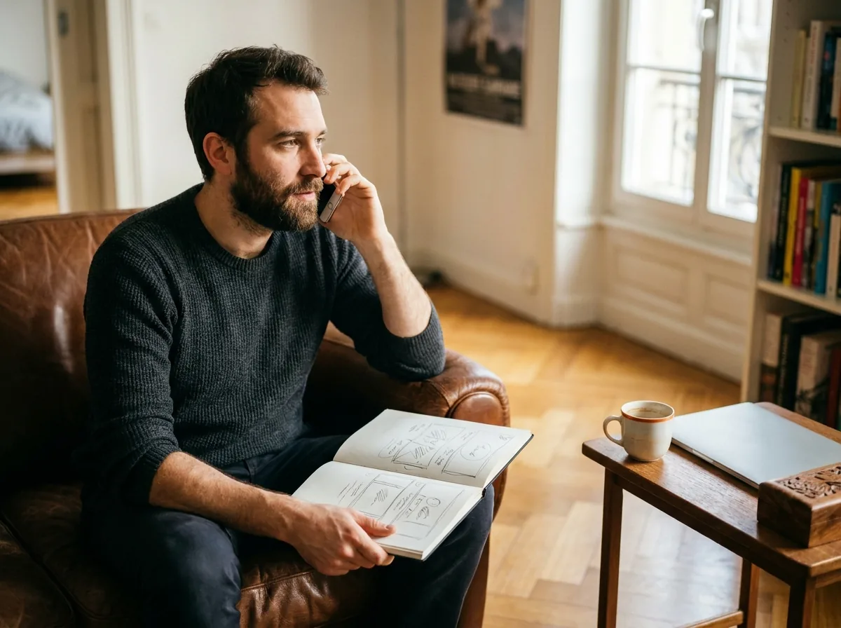 David, teacher at Cours-Informatique.ch, sketching a storyboard on the phone to plan a video editing course in Geneva
