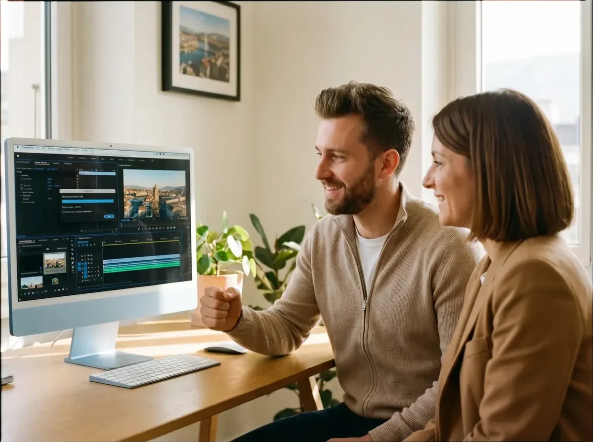 David, teacher at Cours-Informatique.ch, sharing a video exported from Premiere Pro with the director of a communications agency in Eaux-Vives