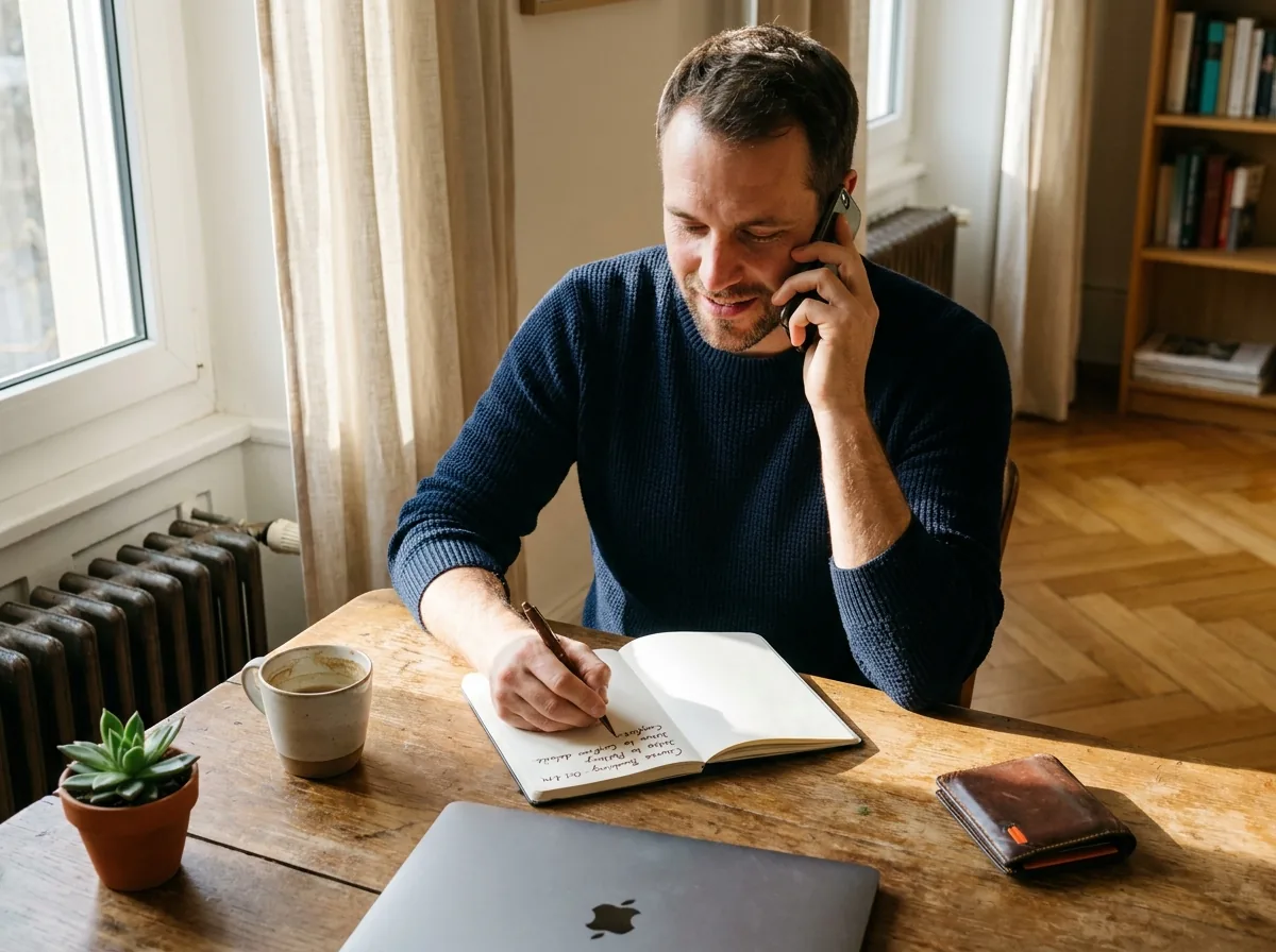David plans your Notion lesson in Geneva on the phone, notes and checklist beside him