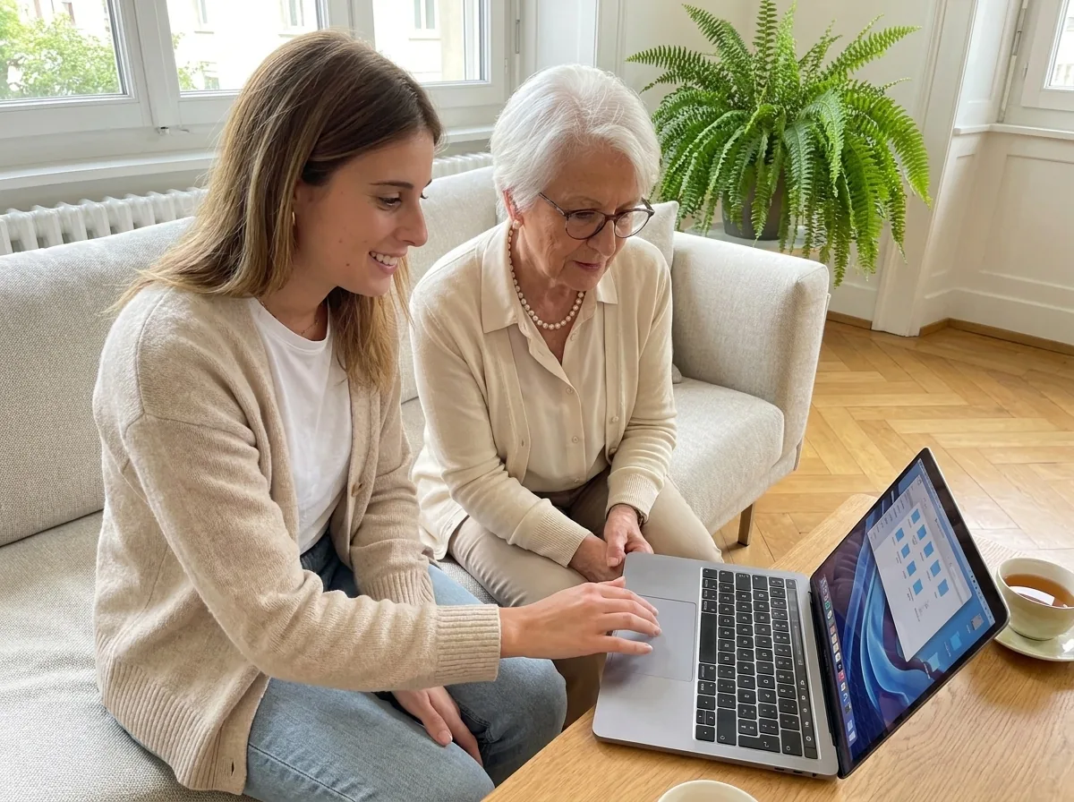 Romane, teacher at Cours-Informatique.ch, guiding a senior student on a MacBook during a computer lesson at home in Geneva