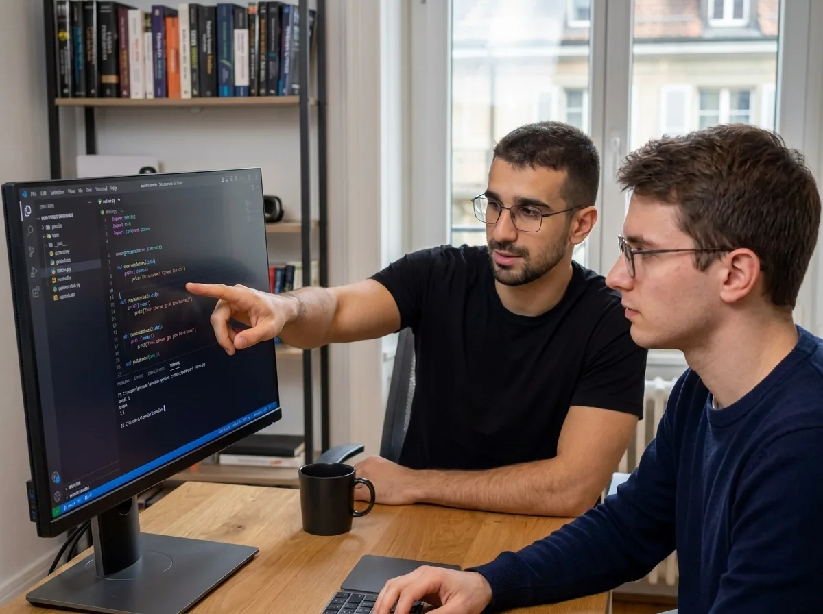 David, formateur Cours-Informatique.ch, explique une fonction Python dans VS Code à un étudiant, cours programmation à Genève