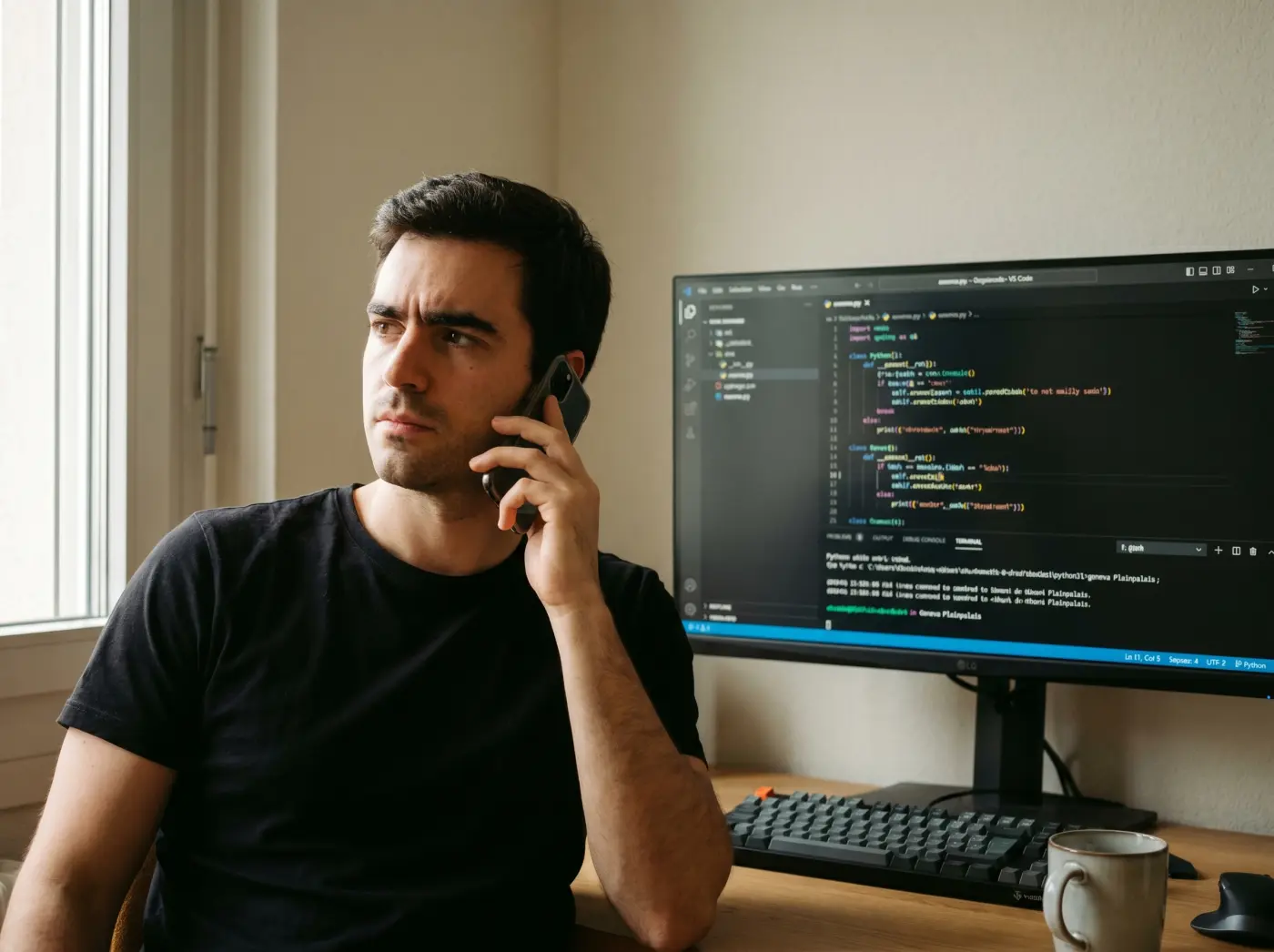 David planifie au téléphone votre cours de programmation Python à Genève, code VS Code visible