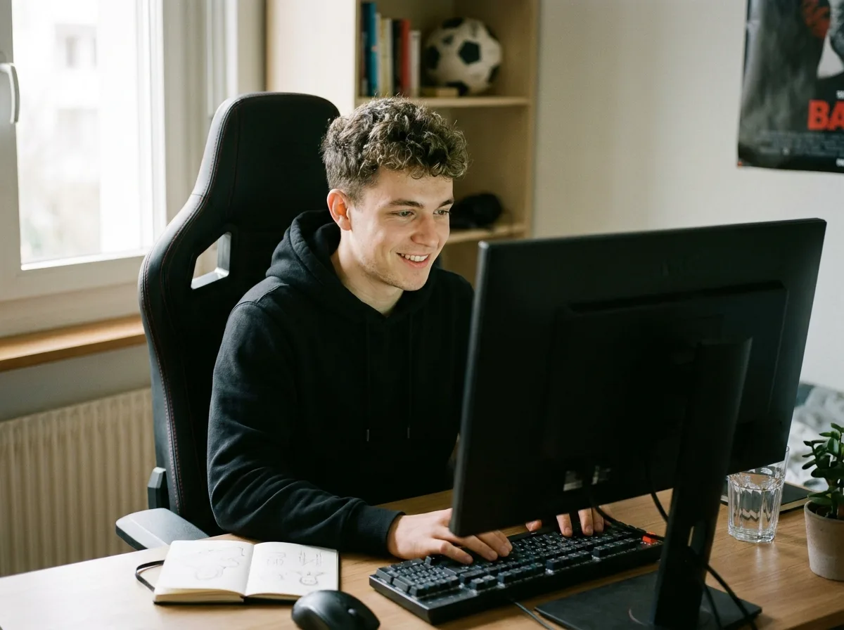 Un étudiant sourit devant son ordinateur en terminant son projet, cours programmation Genève
