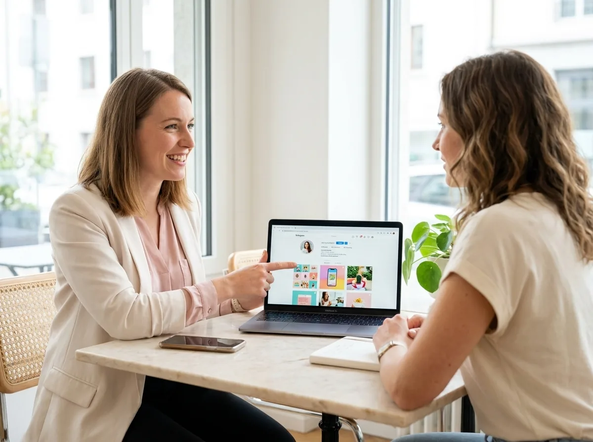 Romane, formatrice Cours-Informatique.ch, explique Instagram Business Suite à une community manager dans un cowork à Carouge