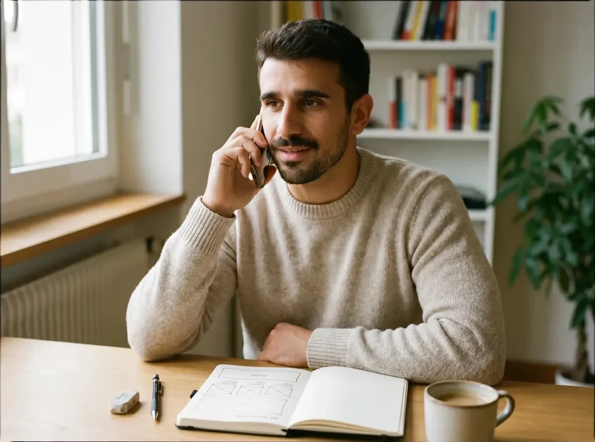 David plans your website training on the phone with a sketched wireframe in Geneva