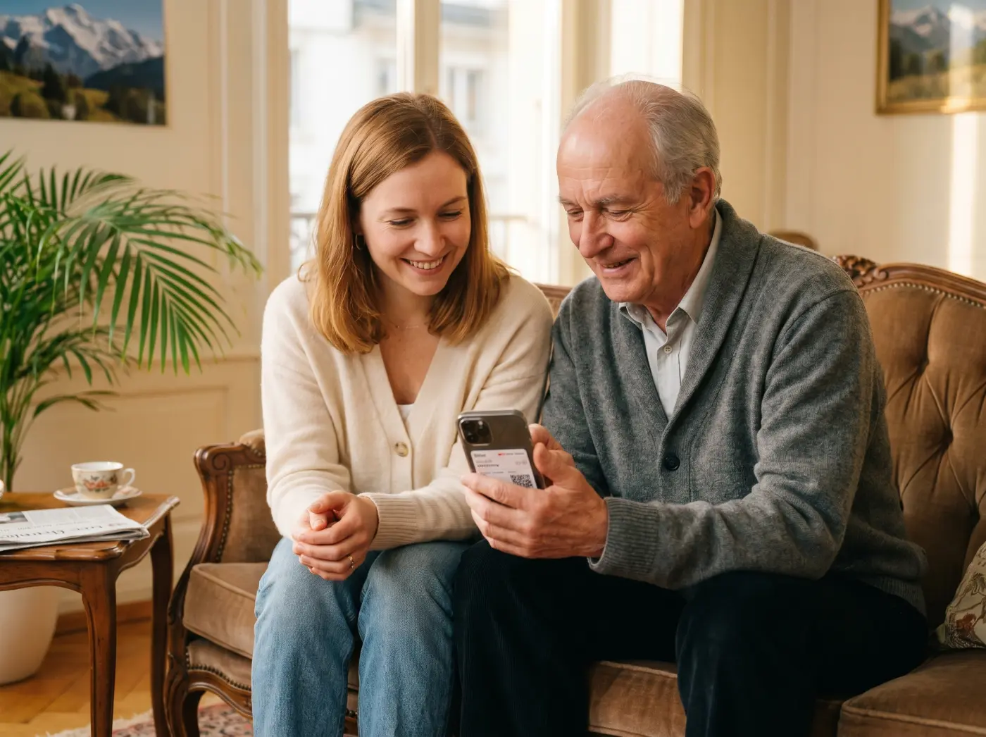 Romane, formatrice Cours-Informatique.ch, avec un élève senior autonome sur l'app SBB CFF Mobile à Genève