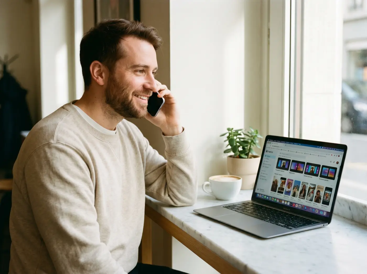 David, formateur Cours-Informatique.ch, explore les templates CapCut Web au téléphone pour préparer un cours de montage vidéo en ligne à Genève