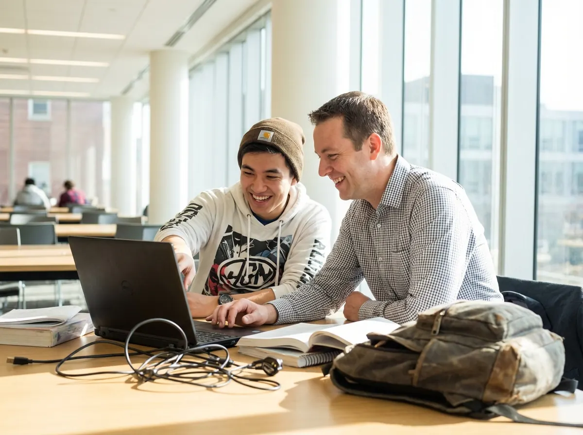 Étudiant et formateur complices devant un laptop