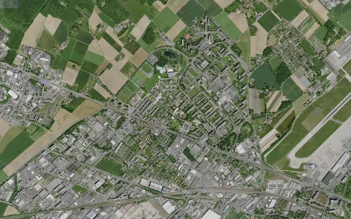Vue aérienne de Meyrin, à Genève, le secteur couvert pour les cours d'informatique à domicile