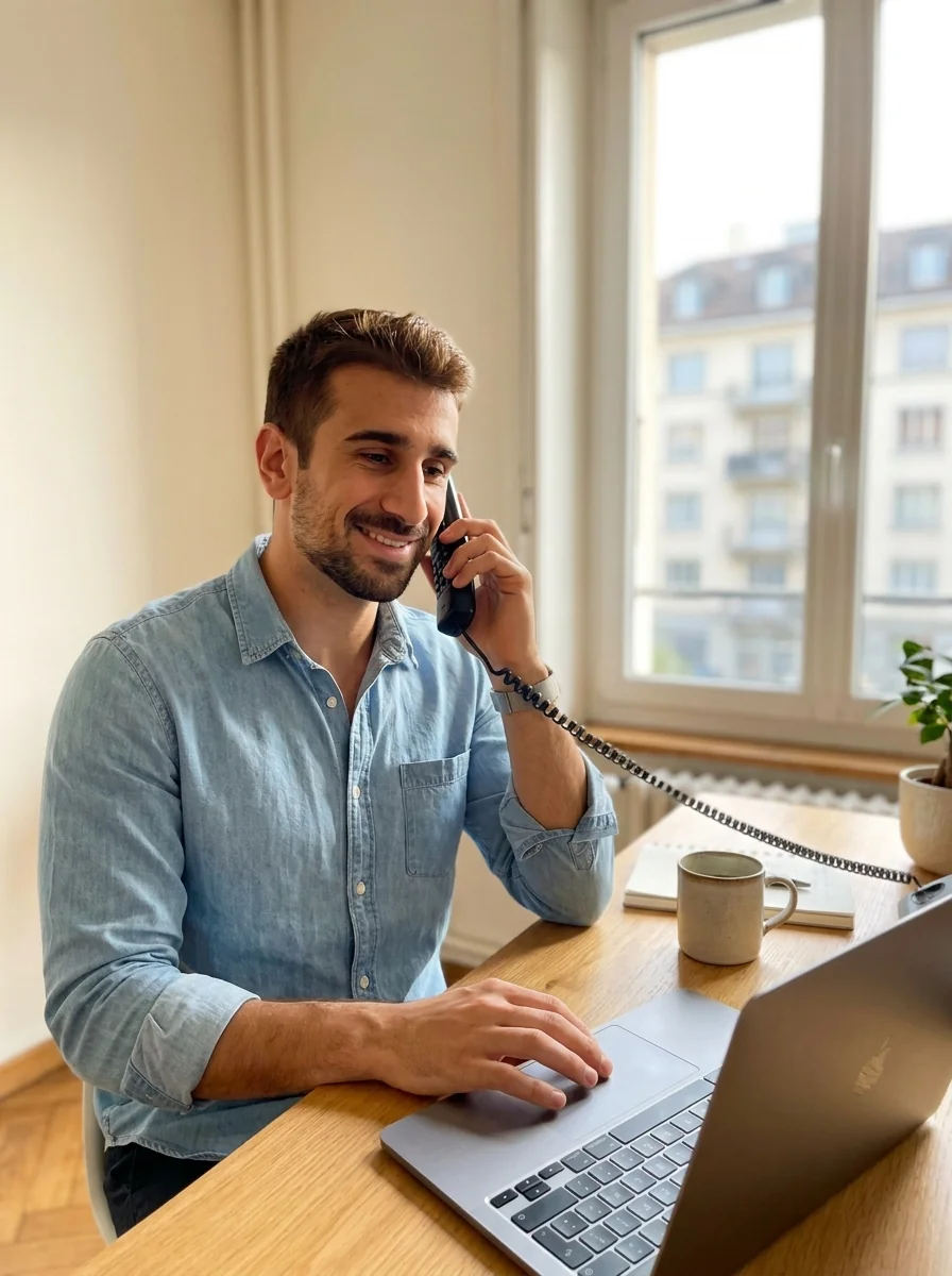 David Khazaei, founder of Cours-Informatique.ch, on the phone at the Eaux-Vives office