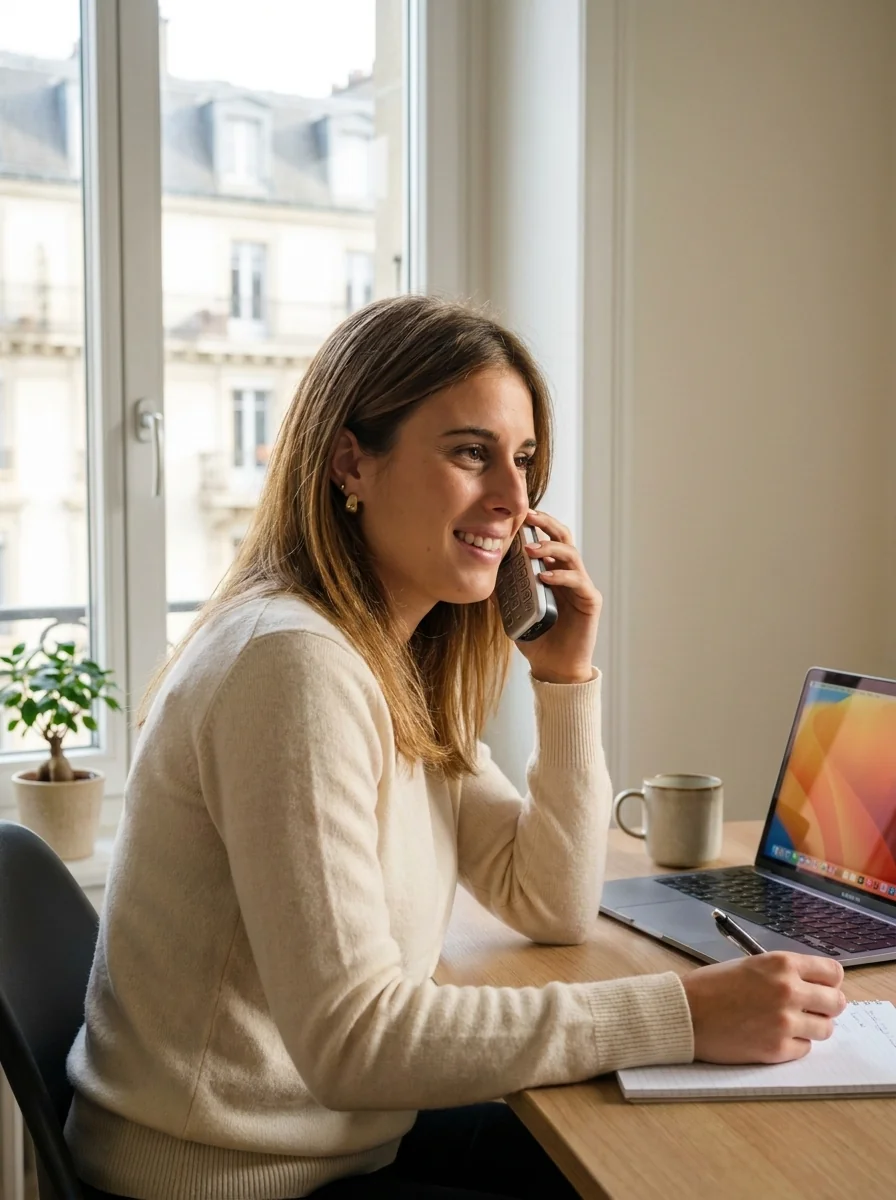 Romane, formatrice chez Cours-Informatique.ch, au téléphone dans le bureau des Eaux-Vives